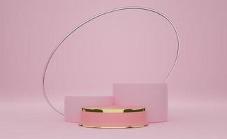 podium empty with geometric shapes in pink pastel composition for modern stage display and minimalist mockup ,abstract showcase background ,Concept 3d illustration or 3d render photo