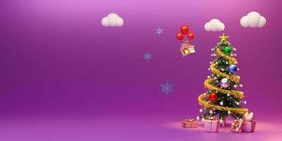 árbol de navidad con caja de regalo y adornos en composición púrpura o violeta para exhibición de escenario moderno y maqueta minimalista, concepto de navidad y año nuevo festivo, ilustración 3d o renderizado 3d foto