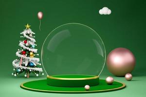 podio vacío con bola de cristal y árbol de navidad en composición verde para sitio web o afiche o tarjetas de felicidad, pancarta de navidad y año nuevo festivo, ilustración 3d realista o presentación 3d foto