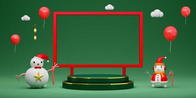 Podium Empty and snowman with frame and geometric shapes in green composition for website or poster or Happiness cards,Christmas banner and festive New Year, realistic 3d illustration or 3d render photo