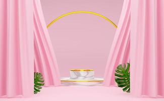 podium empty with geometric shapes and curtain in pink pastel composition for modern stage display and minimalist mockup ,abstract showcase background ,Concept 3d illustration or 3d render photo