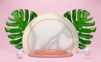 podium empty with geometric shapes in pink pastel composition for modern stage display and minimalist mockup ,abstract showcase background ,Concept 3d illustration or 3d render photo