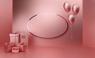 podium empty with geometric shapes and gift box in pink pastel composition for modern stage display and minimalist mockup ,birthday balloons and party or celebrations ,3d illustration or 3d render photo