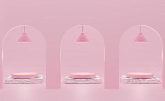 podium empty with geometric shapes in pink pastel composition for modern stage display and minimalist mockup ,abstract showcase background ,Concept 3d illustration or 3d render photo