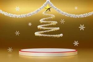 Podium empty and Christmas tree with tinsel and ornaments in Gold composition for modern stage display and minimalist mockup ,Concept Christmas and a festive New Year, 3d illustration or 3d render photo