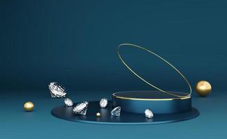 podium empty with diamond and geometric shapes in blue composition for modern stage display and minimalist mockup ,abstract showcase background ,Concept 3d illustration or 3d render photo