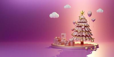 Podium with Christmas tree and ornaments in purple or violet composition for modern stage display and minimalist mockup ,Concept Christmas and a festive New Year, 3d illustration or 3d render photo