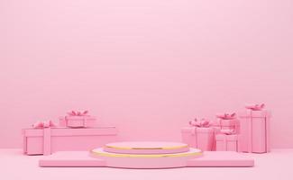 podio vacío con formas geométricas en composición rosa pastel para exhibición de escenario moderno y maqueta minimalista, fondo de escaparate abstracto, ilustración conceptual 3d o renderizado 3d foto
