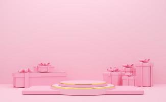 podium empty with geometric shapes in pink pastel composition for modern stage display and minimalist mockup ,abstract showcase background ,Concept 3d illustration or 3d render photo