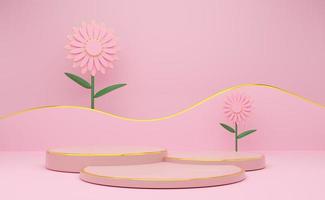 podium empty with geometric shapes in pink pastel composition for modern stage display and minimalist mockup ,abstract showcase background ,Concept 3d illustration or 3d render photo