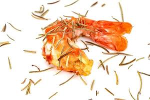 roasted peeled prawn with dry rosemary isolated on white background ,grilled shrimp photo