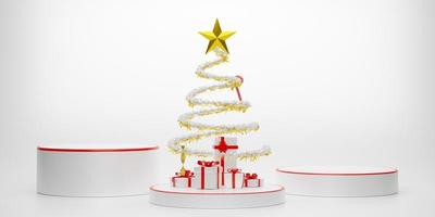 Podium empty and Christmas tree with gift box and ornaments in white composition for modern stage display and minimalist mockup ,Concept Christmas and a festive New Year, 3d illustration or 3d render photo