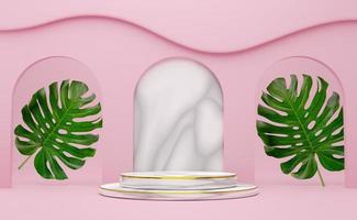 podium empty with geometric shapes in pink pastel composition for modern stage display and minimalist mockup ,abstract showcase background ,Concept 3d illustration or 3d render photo