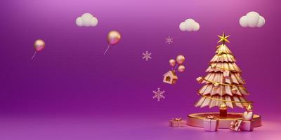 árbol de navidad con caja de regalo y adornos en composición púrpura o violeta para exhibición de escenario moderno y maqueta minimalista, concepto de navidad y año nuevo festivo, ilustración 3d o renderizado 3d foto