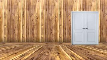 empty room with white door and wooden wall photo