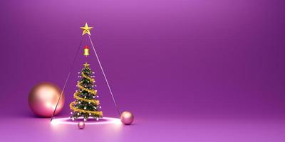 árbol de navidad y adornos en composición púrpura o violeta para sitios web o carteles o tarjetas de felicidad, pancarta de navidad y año nuevo festivo, ilustración 3d realista o presentación 3d foto