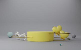 podio vacío con formas de corazón amarillo en composición gris para exhibición de escenario moderno y maqueta minimalista, fondo del día de San Valentín, ilustración conceptual 3d o renderizado 3d foto