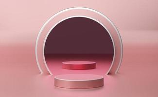 podium empty with geometric shapes in pink pastel composition for modern stage display and minimalist mockup ,abstract showcase background ,Concept 3d illustration or 3d render photo