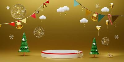 podio vacío y árbol de navidad con globo de nieve y adornos en composición dorada para exhibición de escenario moderno y maqueta minimalista, concepto de navidad y año nuevo festivo, ilustración 3d o renderizado 3d foto