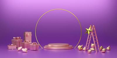 Podium empty with geometric shapes  in purple or violet composition for modern stage display and minimalist mockup ,Concept Christmas and a festive New Year, 3d illustration or 3d render photo