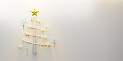 Christmas tree with snow flakes and ornaments in white composition for modern stage display and minimalist mockup ,Concept Christmas and a festive New Year, 3d illustration or 3d render photo