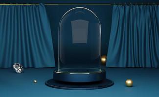 podium empty with geometric shapes in blue composition for modern stage display and minimalist mockup ,abstract showcase background ,Concept 3d illustration or 3d render photo