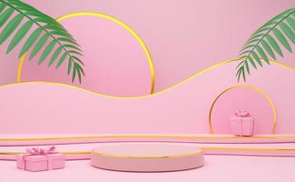 podium empty with geometric shapes in pink pastel composition for modern stage display and minimalist mockup ,abstract showcase background ,Concept 3d illustration or 3d render photo