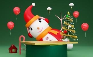 Podium Empty and snowman with Christmas tree and balloonin green composition for website or poster or Happiness cards,Christmas banner and festive New Year, realistic 3d illustration or 3d render photo