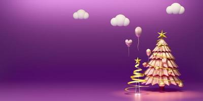 Podium with Christmas tree and ornaments in purple or violet composition for modern stage display and minimalist mockup ,Concept Christmas and a festive New Year, 3d illustration or 3d render photo