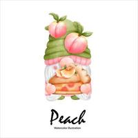 Watercolor peaches, peach gnome watercolor fruit. vector illustration