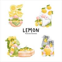 watercolor lemon gnome, citrus vector illustration