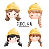school girl, girl face emoticon. Vector illustration