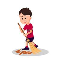 a boy sweeps dry leaves on the ground vector