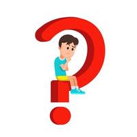 a boy sitting on a big question mark and looking for a solution vector