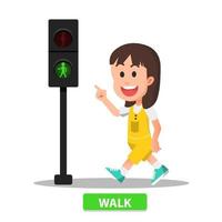 la niña camina de acuerdo con el indicador de luz peatonal vector