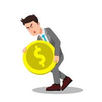 a businessman carrying large and heavy coins vector