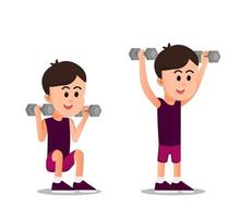 happy boy in the pose of lifting dumbbells vector