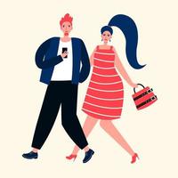 Young happy couple is going on a date. Two lovers is walking together. Vector flat cartoon illustration.