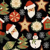 Seamless hand drawn pattern with christmas and new year decoration elements on a dark background. Vector illustration.