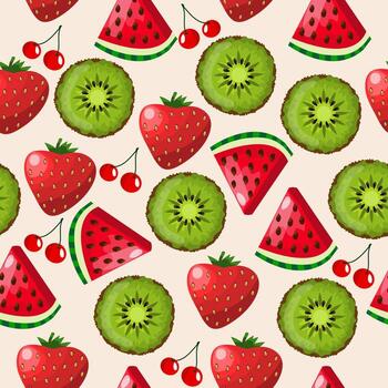 patrón impecable con kiwi, cereza y sandía. ilustración vectorial colorida con frutas y bayas. patrón moderno para el diseño de papel tapiz, estampados, etc. vector