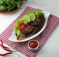 Delicious freshly grilled  chicken and fish is appetizing served on a wooden dish photo