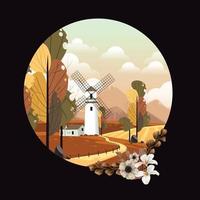 a picturesque image of windmill in the countryside in classical decorative painting style vector