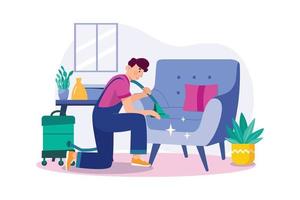 Man cleaning the sofa with the vacuum cleaner vector