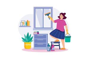 mujer haciendo limpieza de ventanas con equipo de limpieza vector