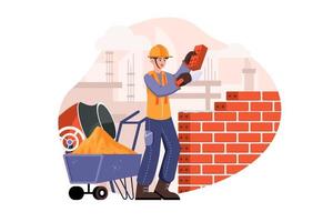 Man builder with trowel laying bricks in the wall vector