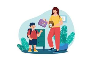 Mother giving lunchbox to her son Illustration concept on white background vector