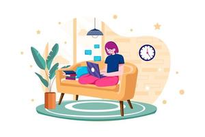 mujer empleada que trabaja desde casa mientras se sienta en el concepto de ilustración del sofá sobre fondo blanco vector