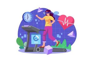 Woman running on treadmill using VR vector