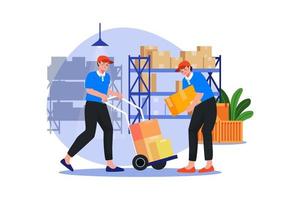 Warehouse workers arranging boxes vector