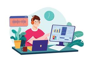 Man listening to the podcast while working Illustration concept. Flat illustration isolated on white background vector